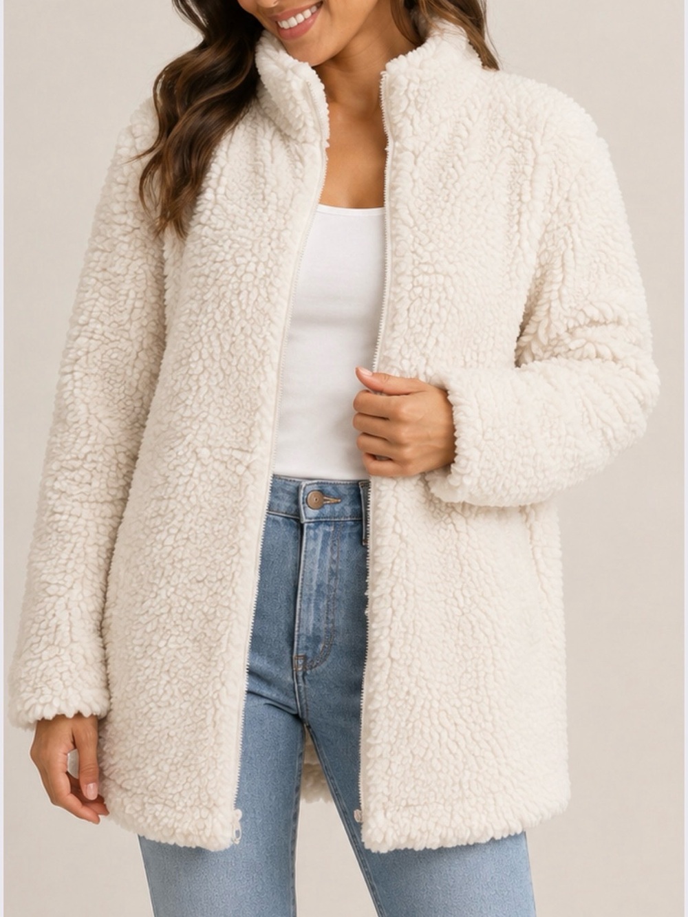 Banana Republic Ivory Sherpa Zip Up Fleece Jacket Teddy Coat